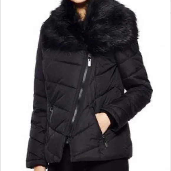 Rachel Roy black puffer faux fur water repellent jacket Sz L - Picture 1 of 10